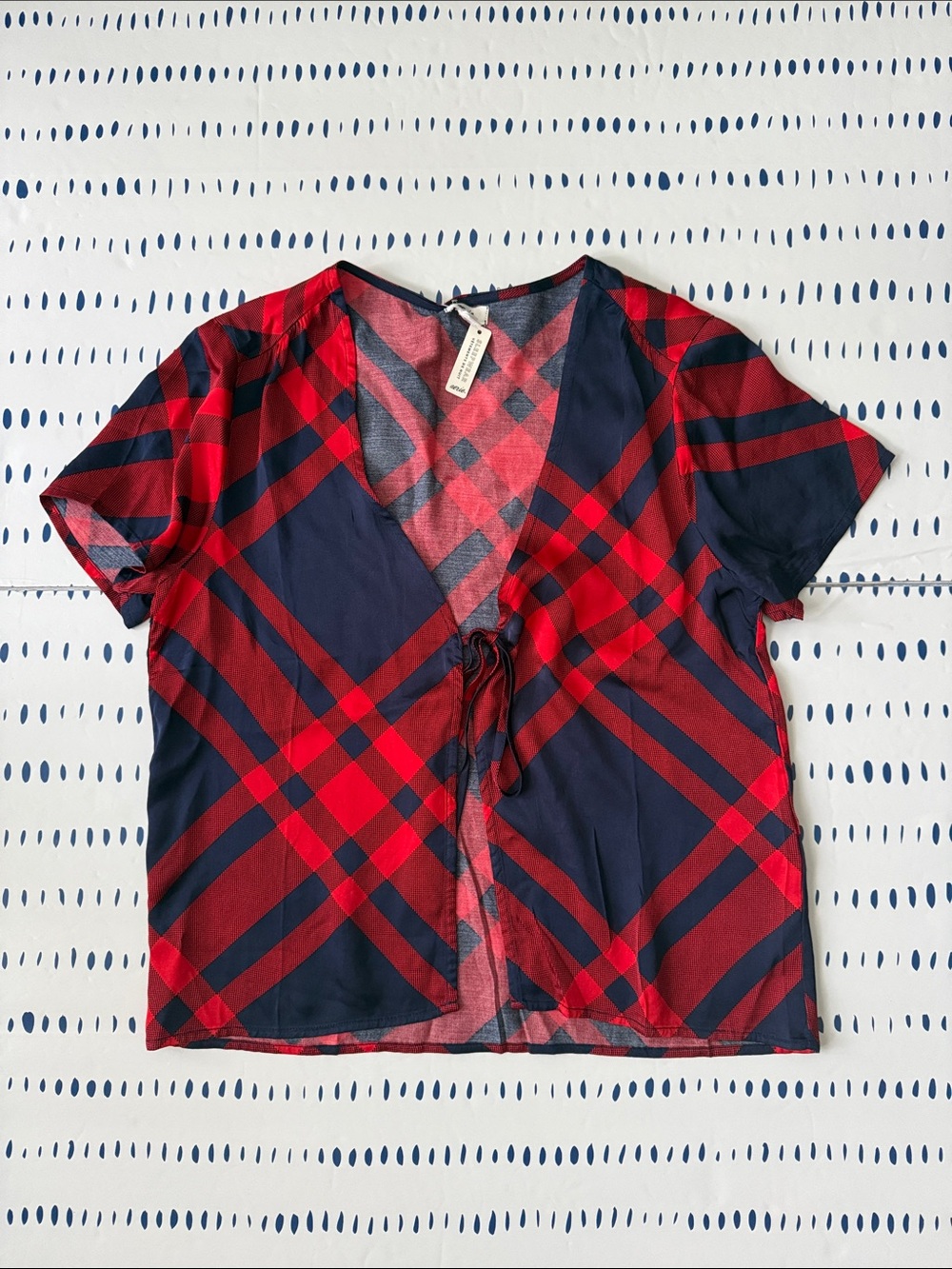 Aerie Off Duty Satin Red & Navy Plaid Short Sleeve Tie-Front Pajama Top